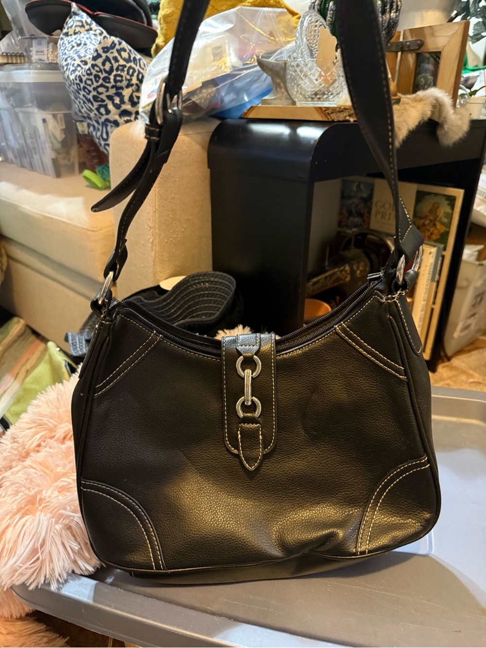 Croft & Barrow Classic Black Leather Shoulder Bag with Silver Hardware